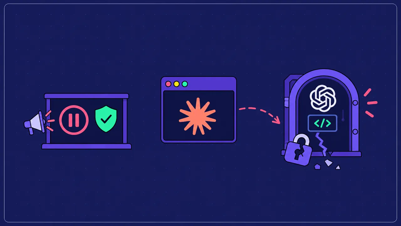 A stylized dark-mode illustration of frontier AI safety pledges contrasted with terminal exploits breaking into developer accounts.