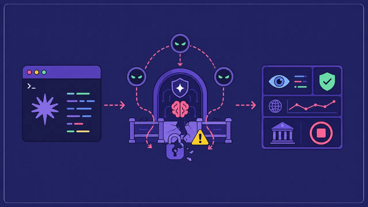 A visual metaphor of AI safety guardrails being bypassed on a frontier language model.