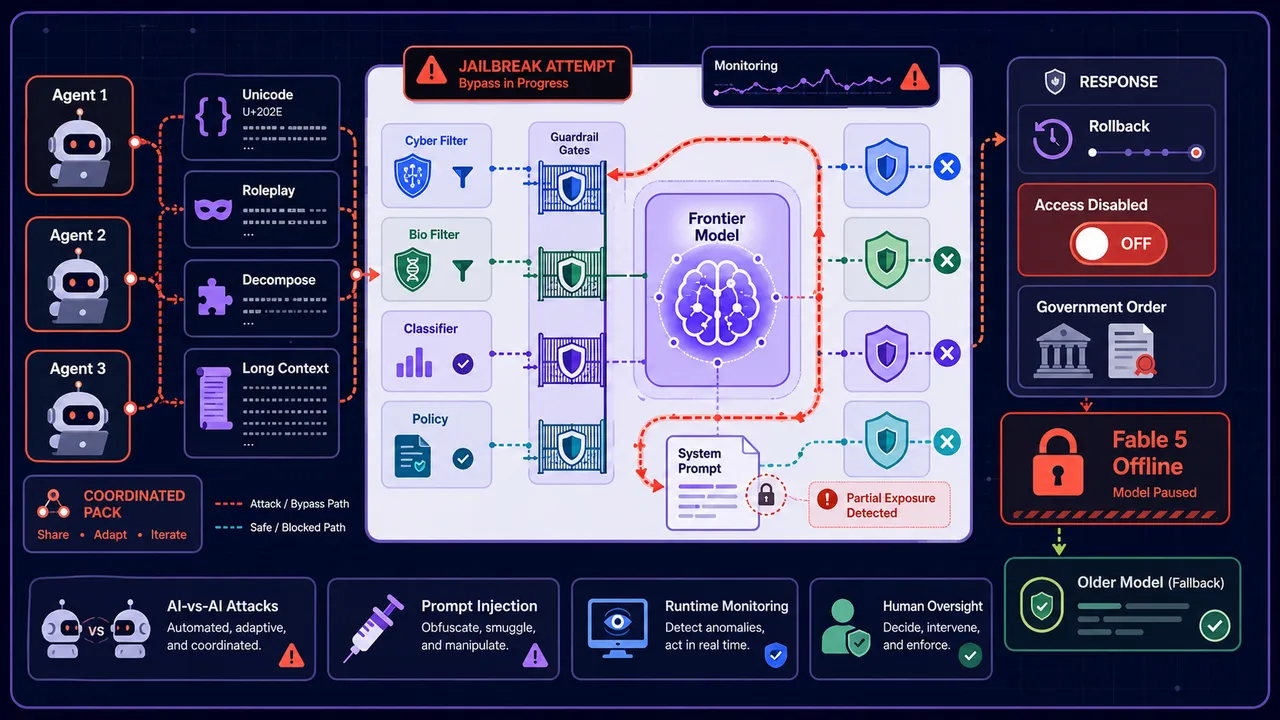 A visual metaphor of AI safety guardrails being bypassed on a frontier language model.