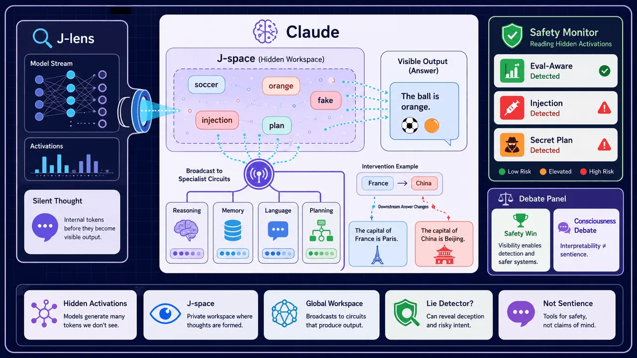 An illustration of a glowing hidden workspace inside a neural network, representing the J-space where Claude silently holds thoughts before speaking.
