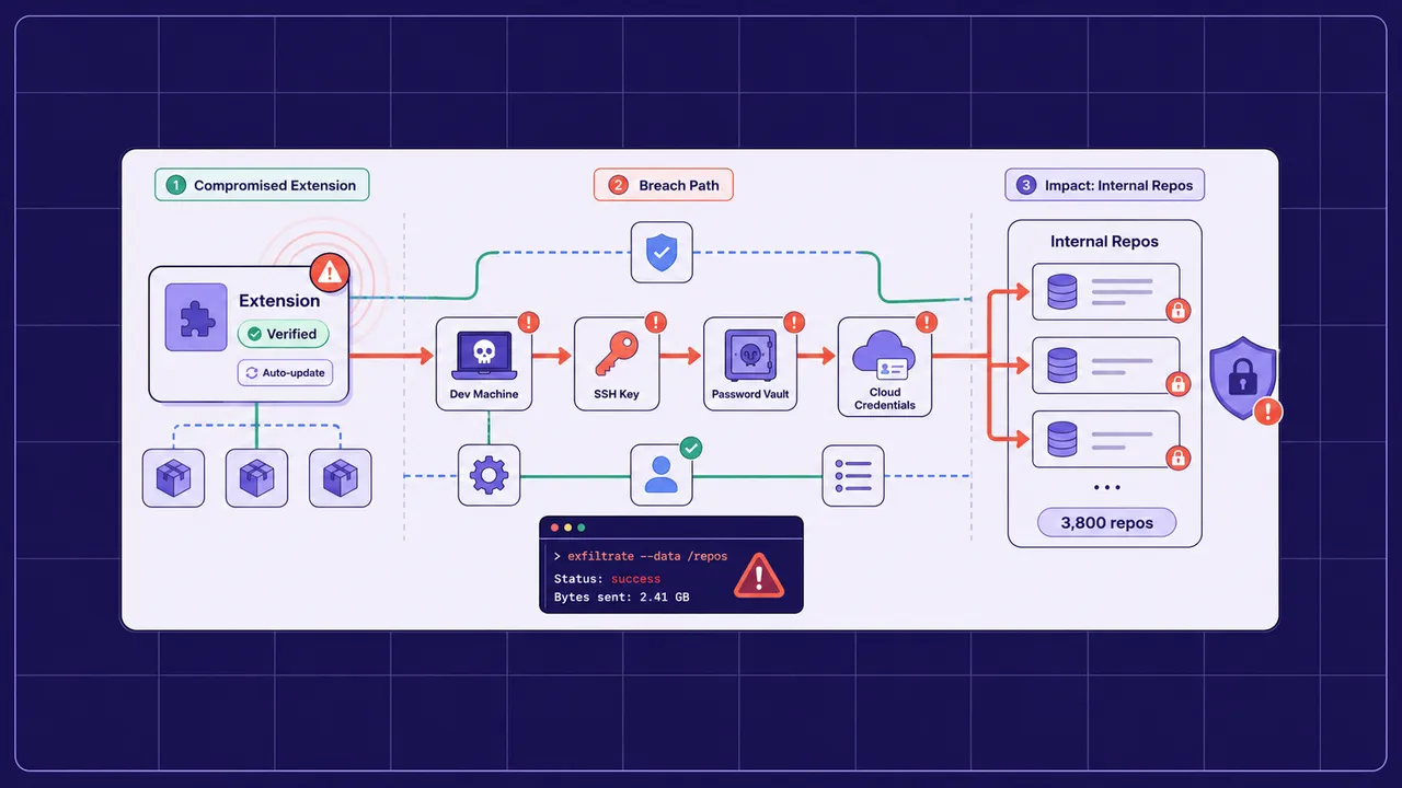 A dark-themed illustration of interconnected nodes representing a software supply chain, with several central nodes glowing red to indicate a breach.