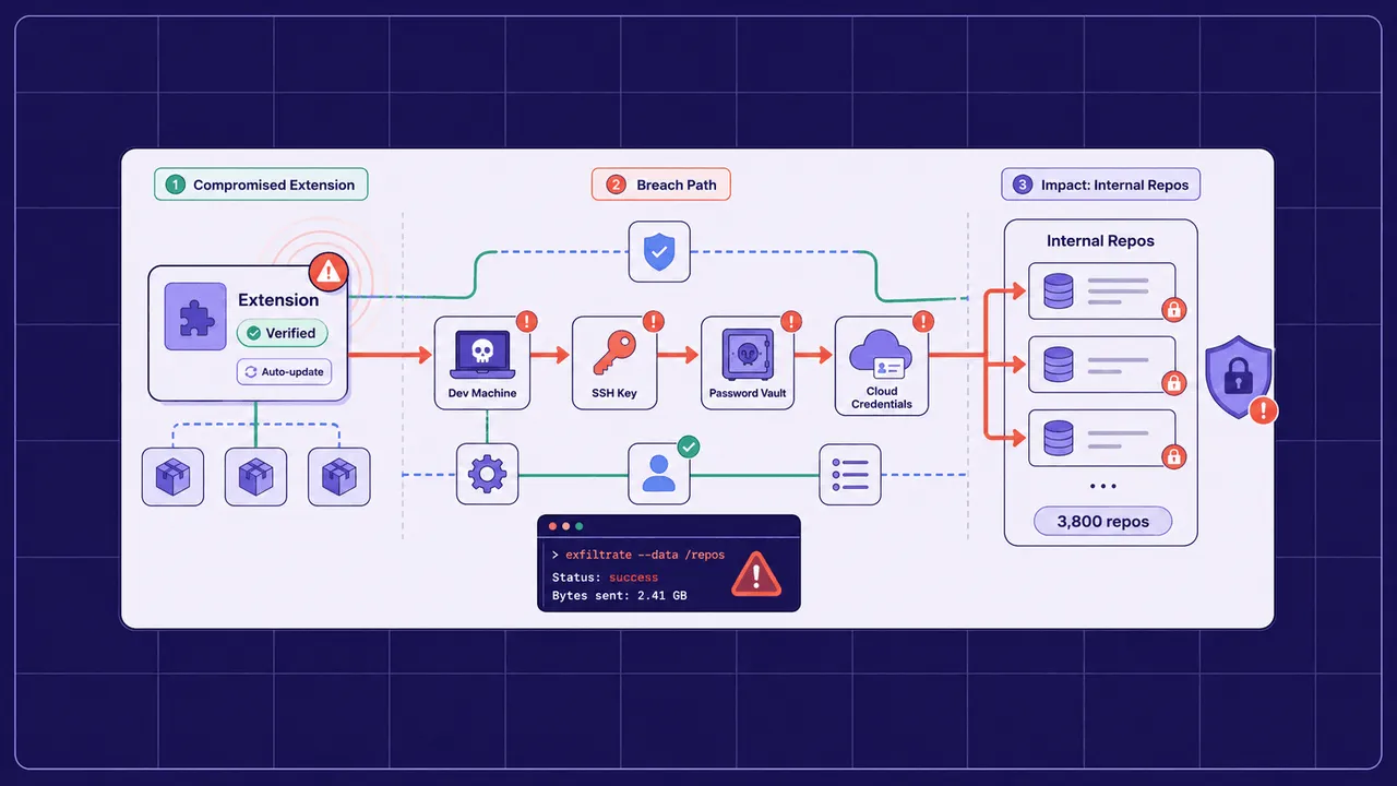 A dark-themed illustration of interconnected nodes representing a software supply chain, with several central nodes glowing red to indicate a breach.