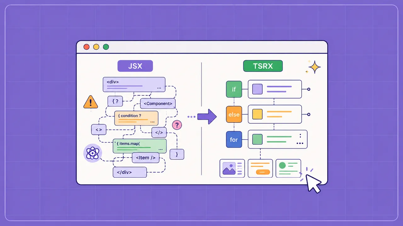 A dark editor-style scene comparing dense JSX markup with cleaner TSRX-style UI syntax.