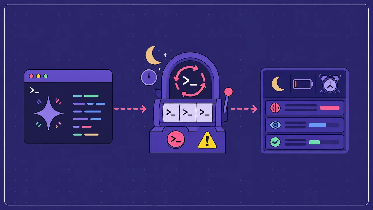 A developer staring at a glowing terminal at 3 AM with cascading prompt loops and dopamine slot machine visualizations.