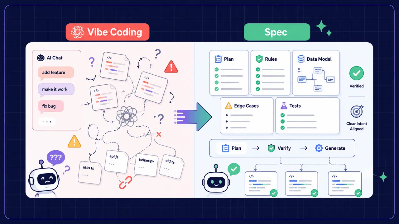 A split screen showing a messy, chaotic chat prompt on the left and a structured, blueprint-style software specification on the right.