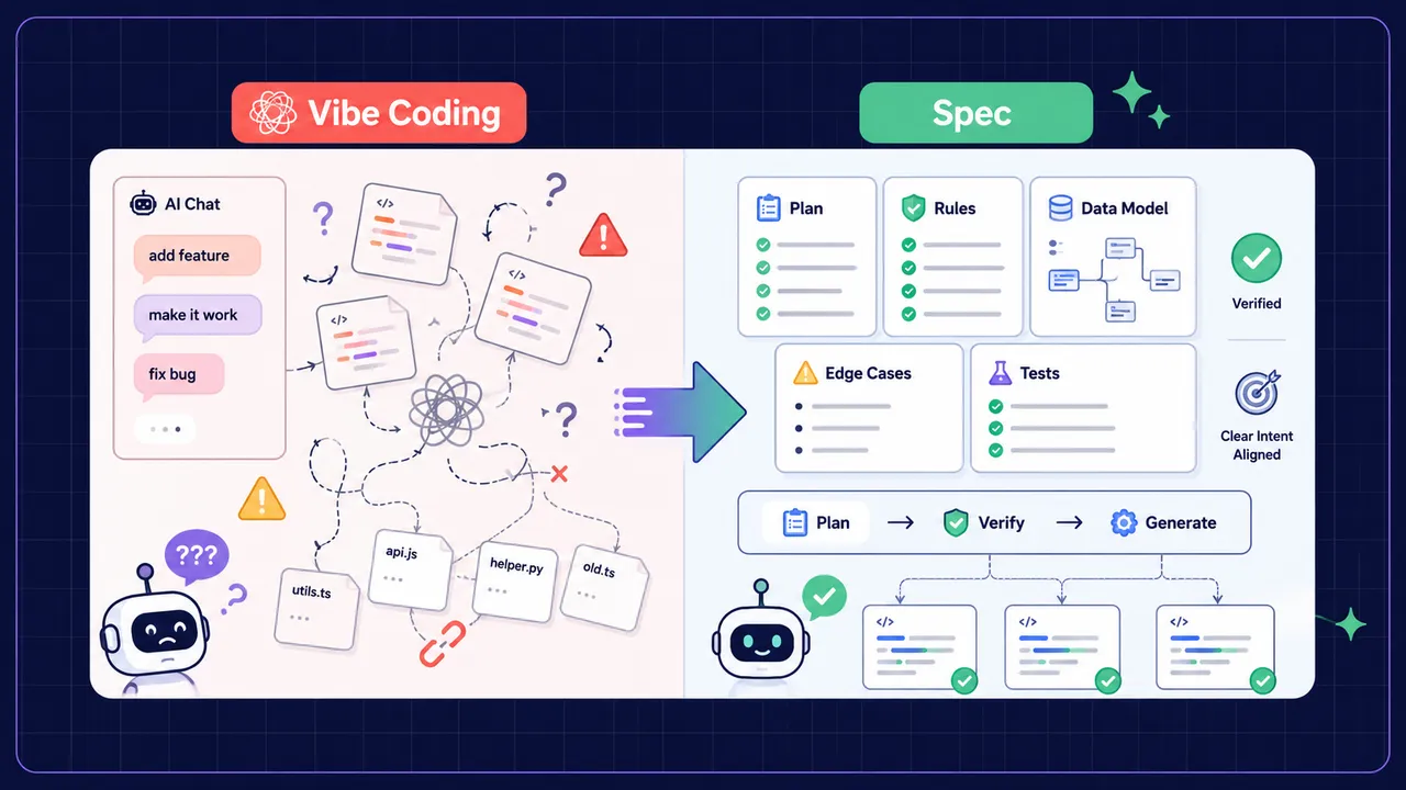 A split screen showing a messy, chaotic chat prompt on the left and a structured, blueprint-style software specification on the right.