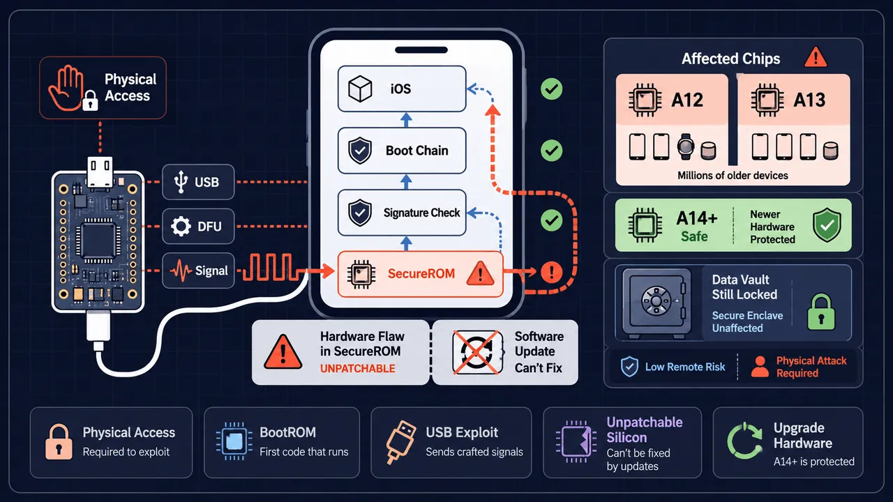 A graphic showing an iPhone connected via USB with a warning sign about the usbliter8 SecureROM vulnerability.